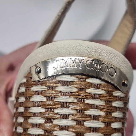 💋NEW💋JIMMY CHOO Perdita Leather Raffia Wedge Sandals - Picture 6 of 14